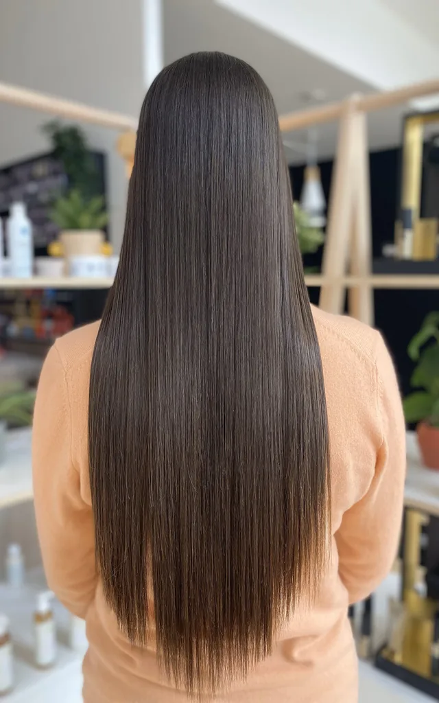 NOTRE HISTOIRE 6 MYLAAEVANS Cheveux longs bruns, lisses et brillants, vus de dos, après un lissage brésilien