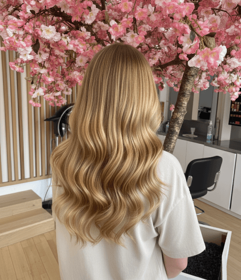 TOASTED-HONEY-BLONDE-AUTOMNE-2025 Blond miel toasté en balayage avec gloss de maintien