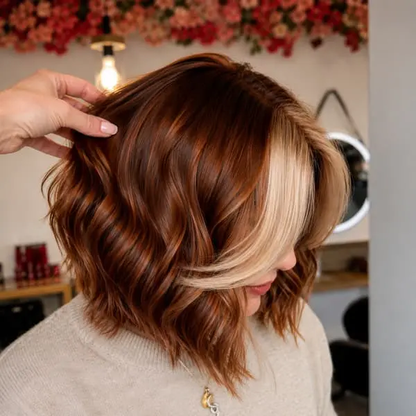 Carré ondulé avec dégradé visible sur cheveux cuivrés, coupe visagiste