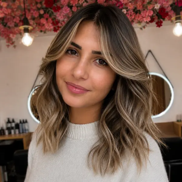 Frange rideau ouverte encadrant le visage sur cheveux mi-longs ondulés