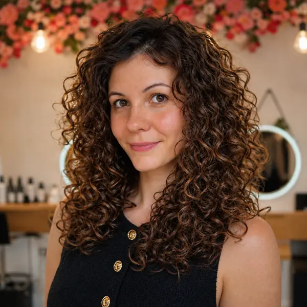 Coupe sur cheveux bouclés avec volume travaillé sur les côtés du visage