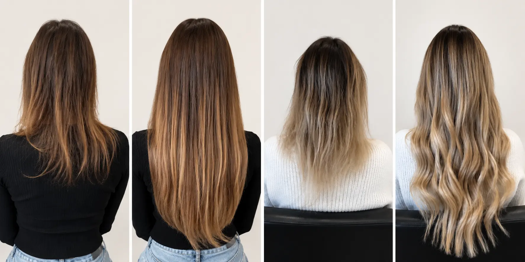 EXTENSIONS DE CHEVEUX 2 MYLAAEVANS Deux transformations avant/après : cheveux bruns rallongés, puis cheveux blonds méchés rallongés et ondulés