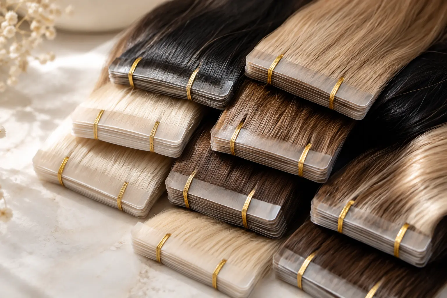 EXTENSIONS DE CHEVEUX 6 MYLAAEVANS Bandes d’extensions adhésives en cheveux naturels, du blond platine au noir