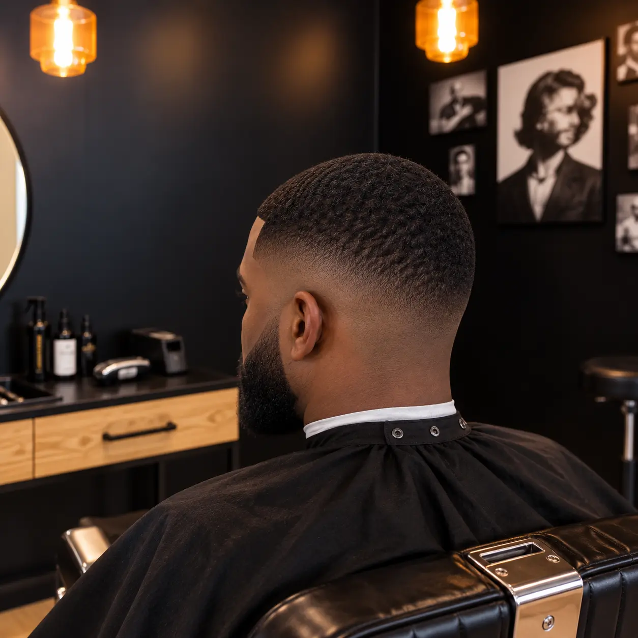 Coupe afro courte avec dégradé net sur la nuque