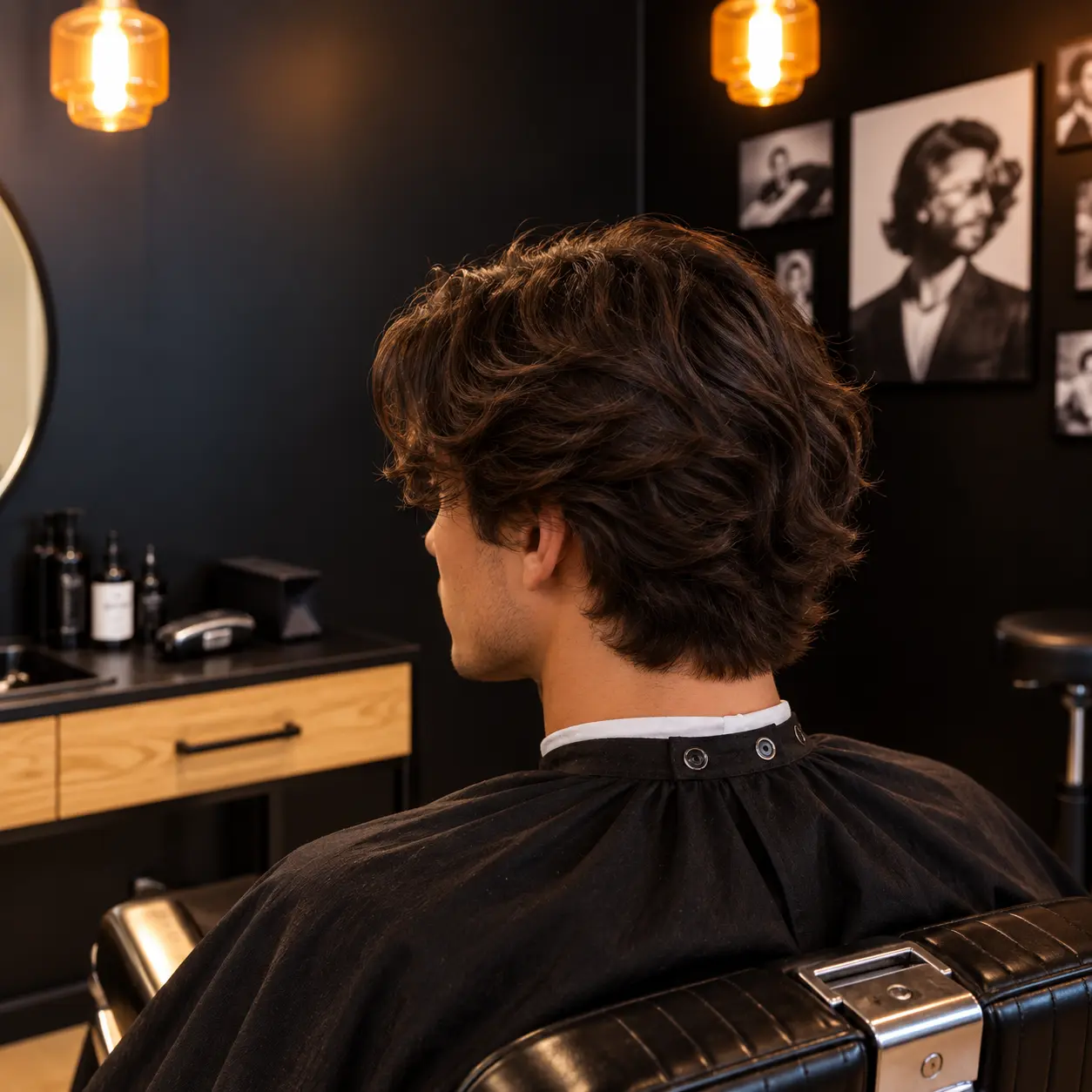 Cheveux bouclés mi-longs avec du volume, vus de dos