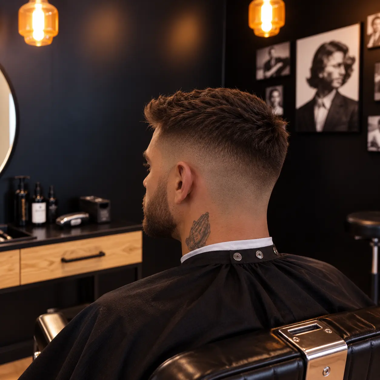 Homme de dos avec un dégradé court et une barbe taillée, dans le décor de l’espace homme du salon