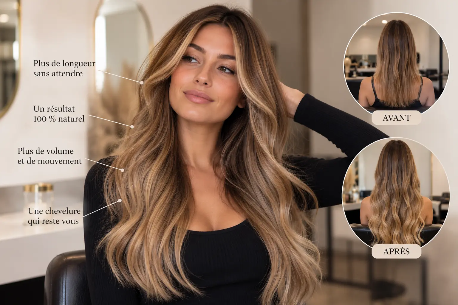 EXTENSIONS DE CHEVEUX 5 MYLAAEVANS Femme aux cheveux longs ondulés châtain méché, avec un avant/après montrant le gain de longueur et de volume